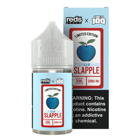 7 Daze Reds Apple x KEEP IT 100 ICED Slapple 30ML nicotine salt e-liquid with apple, blue raspberry slushie, and menthol flavor.