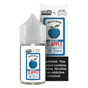 7 Daze Reds Apple x KEEP IT 100 Salt Menthol Slapple 30ML nicotine salt e-liquid with blue raspberry, apple, and menthol flavor.