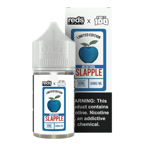 7 Daze Reds Apple x KEEP IT 100 Salt Menthol Slapple 30ML nicotine salt e-liquid with blue raspberry, apple, and menthol flavor.