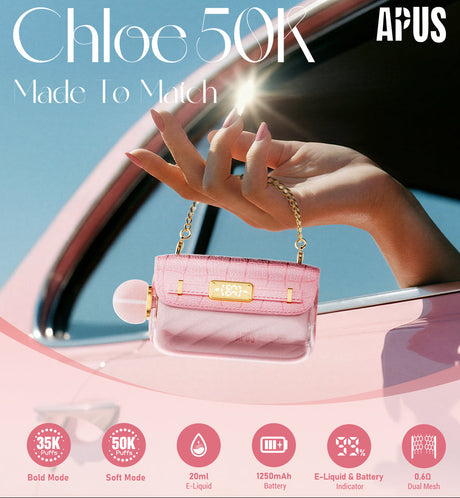 Hand holding a pink vape device with branding and product details on a car window background