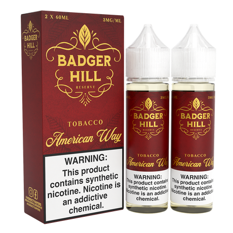 BADGER HILL RESERVE American Way 120ML twin pack e-liquid with rich tobacco flavor profile.
