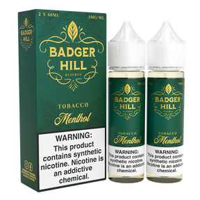 BADGER HILL RESERVE Menthol 120ML twin pack e-liquid with smooth tobacco and cool menthol flavor.