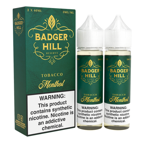 BADGER HILL RESERVE Menthol 120ML twin pack e-liquid with smooth tobacco and cool menthol flavor.
