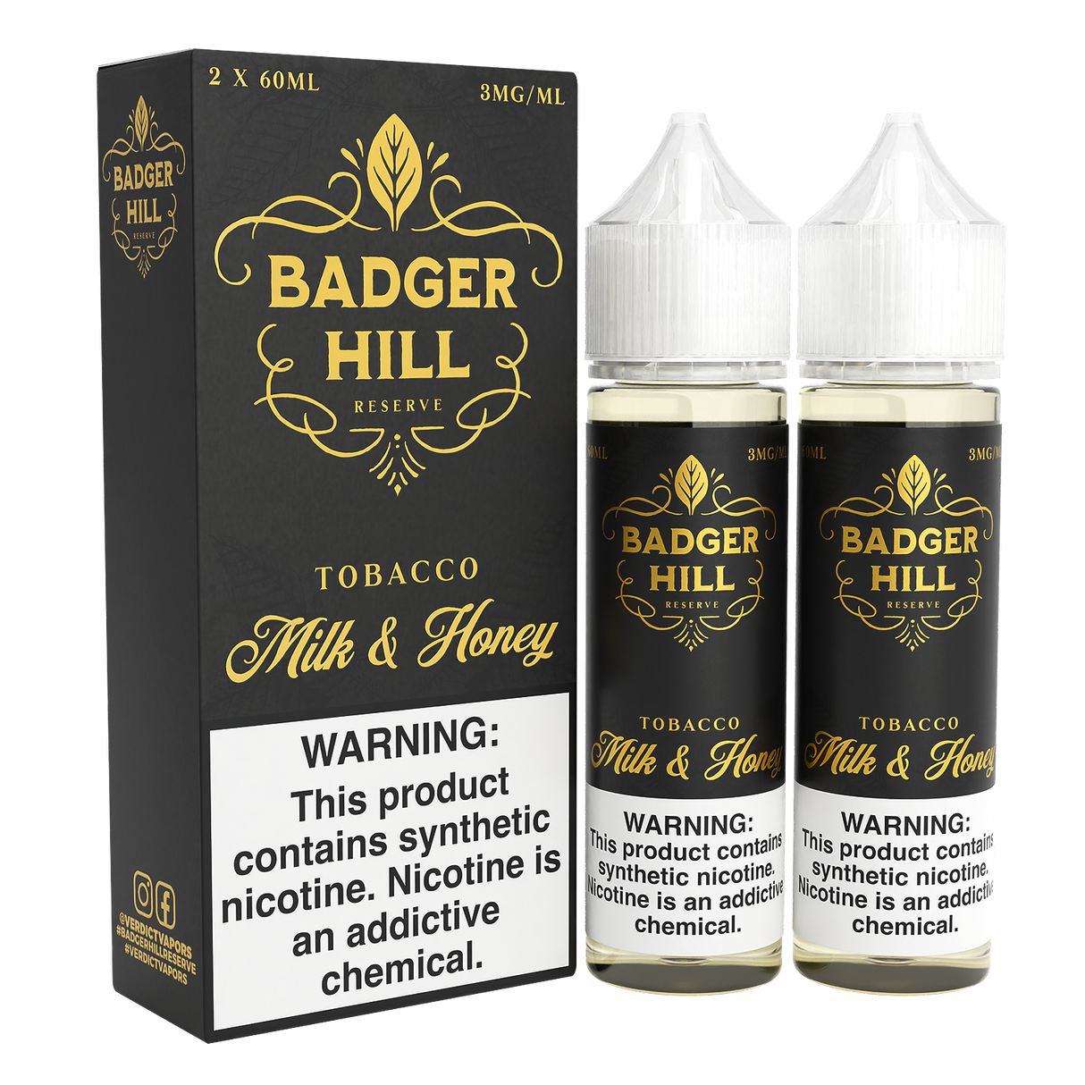 BADGER HILL RESERVE Milk & Honey 120ML twin pack with creamy milk, honey, and tobacco flavor profile.
