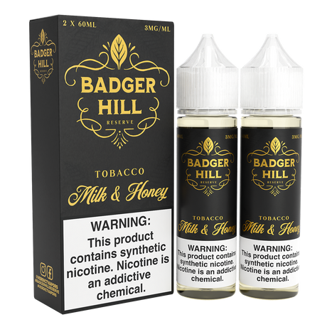 BADGER HILL RESERVE Milk & Honey 120ML twin pack with creamy milk, honey, and tobacco flavor profile.