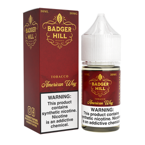 BADGER HILL RESERVE SALT American Way 30ML nicotine salt e-liquid with rich tobacco and brown sugar flavor profile.