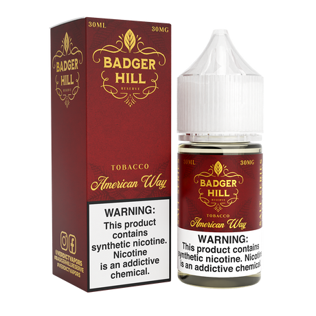 BADGER HILL RESERVE SALT American Way 30ML nicotine salt e-liquid with rich tobacco and brown sugar flavor profile.
