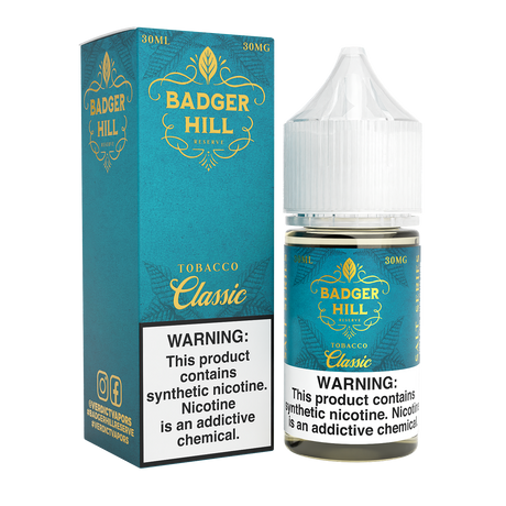 BADGER HILL RESERVE SALT Classic 30ML nicotine salt e-liquid with authentic tobacco flavor profile.