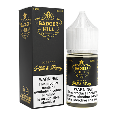 BADGER HILL RESERVE SALT Milk & Honey 30ML nicotine salt e-liquid with creamy milk, honey, and tobacco flavor.