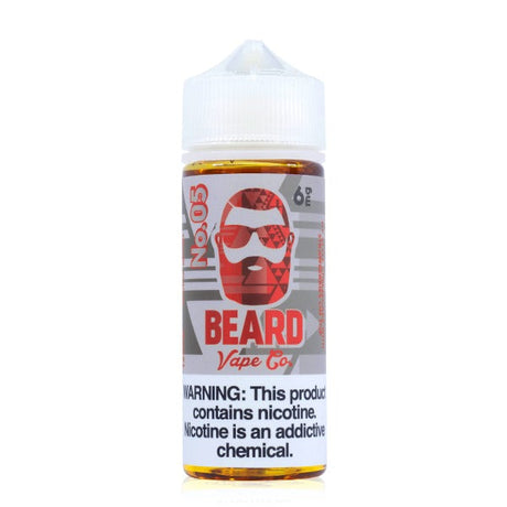 Beard Vape Co No. 05 120ML e-liquid with creamy strawberry cheesecake dessert flavor.
