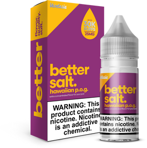 Better Salt Hawaiian P.O.G. 30ML nicotine salt e-liquid blends passion fruit, orange, and guava for a tropical fruit flavor. Perfect for pod systems.
