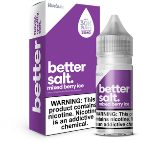 Better Salt Mixed Berry Ice 30ML nicotine salt e-liquid blends strawberry, blueberry, raspberry, and icy menthol flavor. Perfect for pod systems. Shop now.