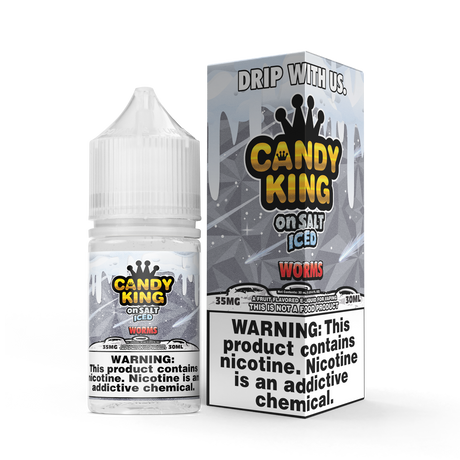 CANDY KING on SALT ICED Worms 30ML nicotine salt e-liquid with fruity sour gummy candy and menthol flavor.