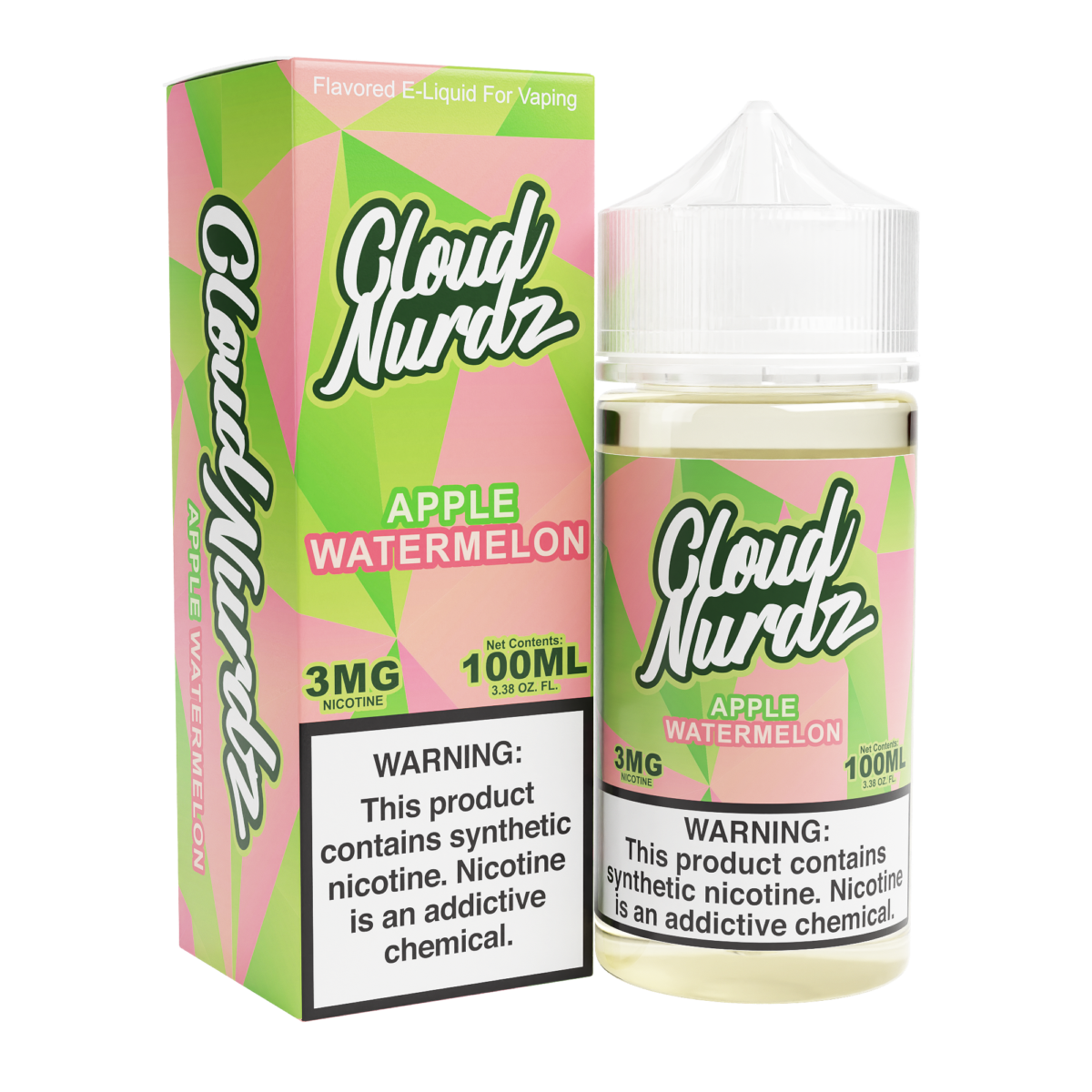 Cloud Nurdz Apple Watermelon 100ML e-liquid with sour apple, watermelon, and candy flavor profile.