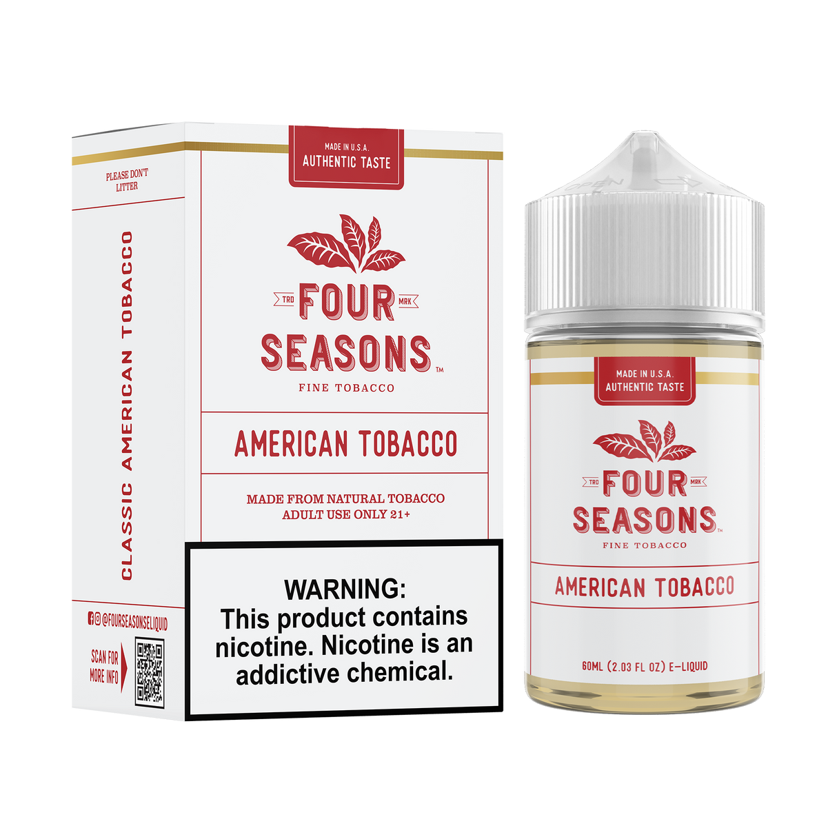 FOUR SEASONS American Tobacco 60ML E-Liquid featuring a full-bodied traditional tobacco flavor profile.