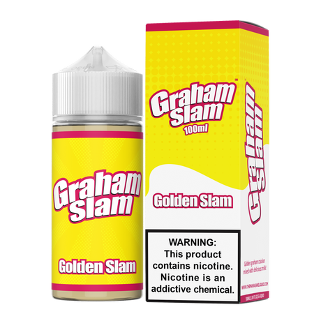 Graham Slam Golden Slam 100ML e-liquid featuring golden graham cracker cereal and creamy milk flavor.