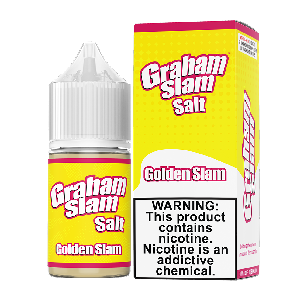 Graham Slam SALT Golden Slam 30ML nicotine salt e-liquid with golden graham cracker and creamy milk flavor profile.
