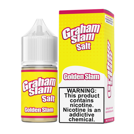 Graham Slam SALT Golden Slam 30ML nicotine salt e-liquid with golden graham cracker and creamy milk flavor profile.