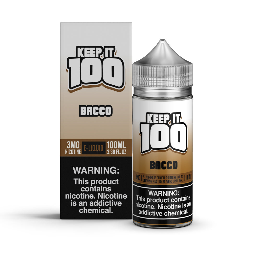 KEEP IT 100 Bacco 100ML e-liquid with traditional Virginia tobacco flavor profile.
