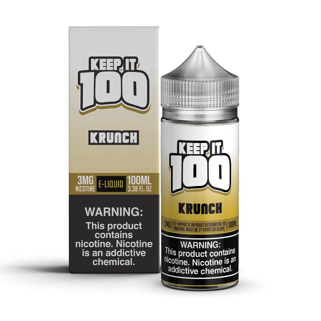 KEEP IT 100 Krunch 100ML e-liquid with cinnamon cereal and creamy vanilla milk flavor profile.
