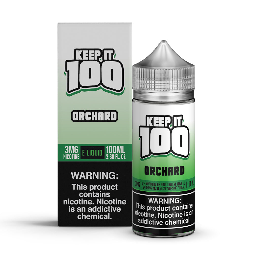 KEEP IT 100 Orchard 100ML e-liquid with peach, strawberry, apple, and mango fruit blend flavor.