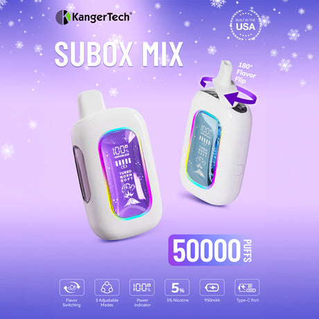KangerTech SUBOX MIX 50K disposable device with rotating drip tip, transparent tank, and digital display.