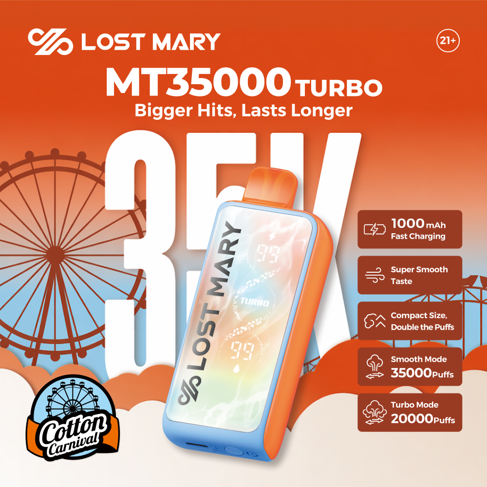 Lost Mary MT35K Cotton Carnival Edition disposable device with Blend-in Display, 18mL capacity, and up to 35,000 puffs.