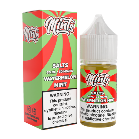 Mints Vape Co SALT Watermelon Mint 30ML nicotine salt e-liquid with sweet watermelon and mint flavor.