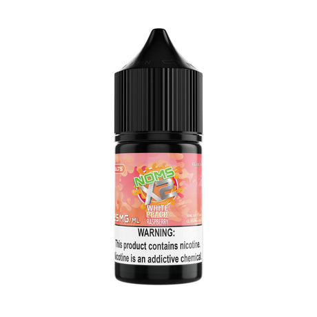 NOMS X2 SALT White Peach Raspberry 30ML nicotine salt e-liquid with sweet peach and tart raspberry flavor.