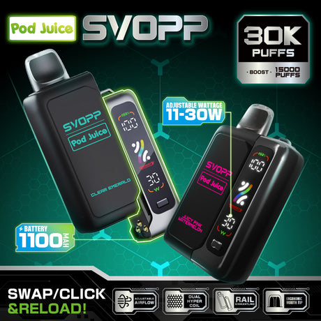 OXBAR x Pod Juice SVOPP 30K disposable pod device with detachable battery and adjustable wattage settings.
