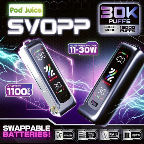 OXBAR x Pod Juice SVOPP rechargeable disposable battery with digital display and adjustable wattage settings.