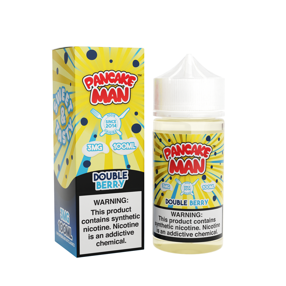 PANCAKE MAN Double Berry 100ML e-liquid featuring fluffy pancakes topped with sweet mixed berries.