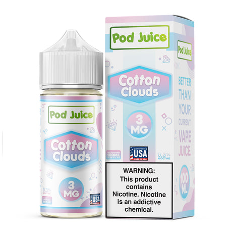 Pod Juice Cotton Clouds 100ML e-liquid bottle with sweet cotton candy flavor profile.