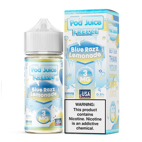 Pod Juice FREEZE Blue Razz Lemonade 100ML e-liquid with blue raspberry, lemonade, and menthol flavor profile.
