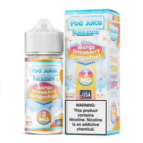 Pod Juice FREEZE Mango Strawberry Dragonfruit 100ML e-liquid with tropical fruit and icy menthol flavor profile.