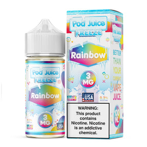 Pod Juice FREEZE Rainbow 100ML e-liquid with mixed fruit flavors and icy menthol finish.