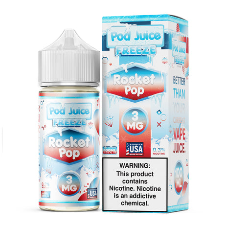 Pod Juice FREEZE Rocket Pop 100ML e-liquid with blue raspberry, cherry, lemon, and icy menthol flavor profile.