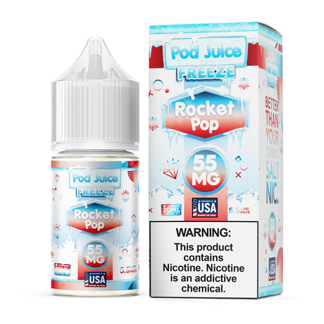 Pod Juice FREEZE SALT Rocket Pop 30ML nicotine salt e-liquid with blue raspberry, cherry, lemon, and icy menthol flavor.