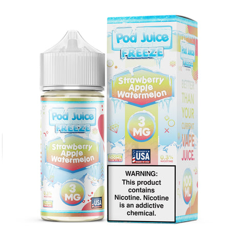 Pod Juice FREEZE Strawberry Apple Watermelon 100ML e-liquid with strawberry, apple, watermelon, and icy menthol flavor.