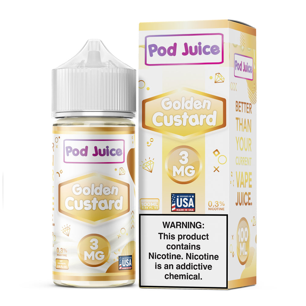 Pod Juice Golden Custard 100ML e-liquid with rich custard and vanilla dessert flavor profile.