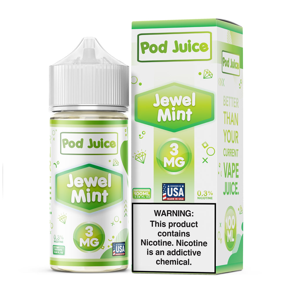 Pod Juice Jewel Mint 100ML e-liquid bottle with icy mint and cool menthol flavor profile.