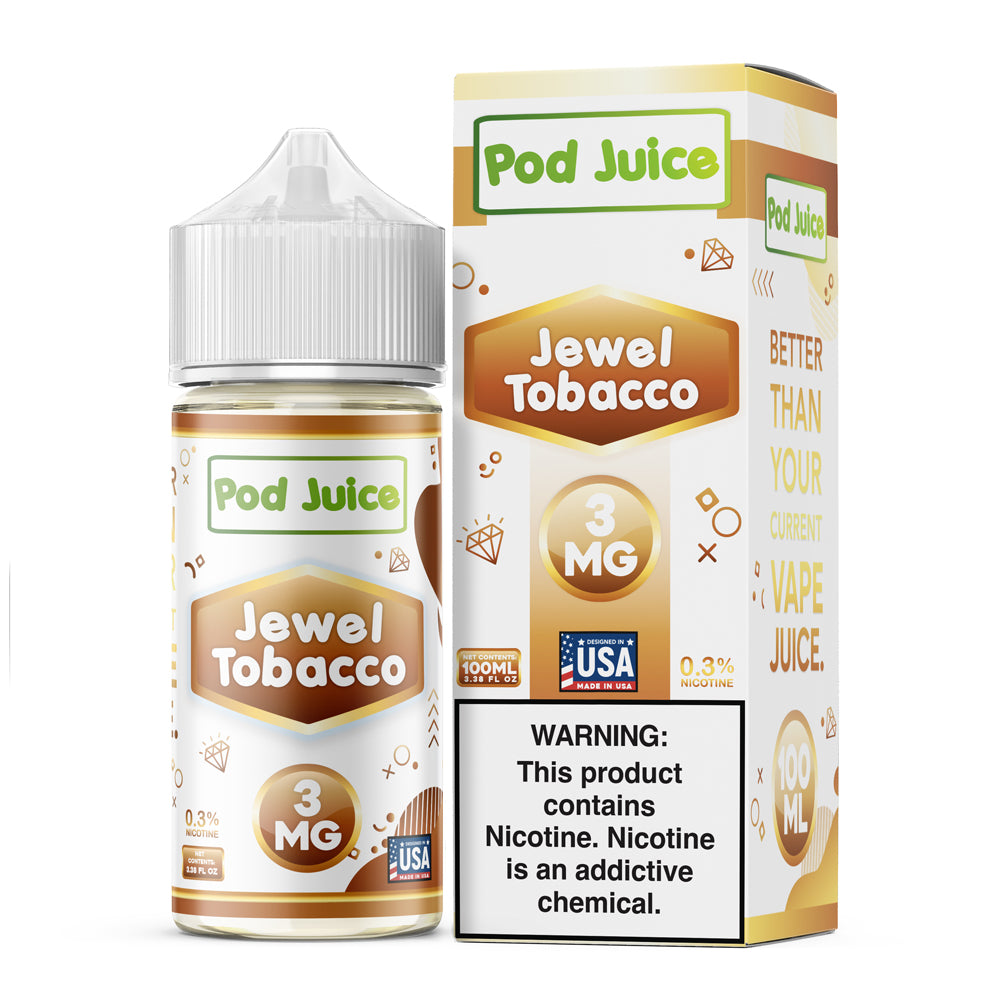 Pod Juice Jewel Tobacco 100ML e-liquid featuring smooth Virginian tobacco flavor.