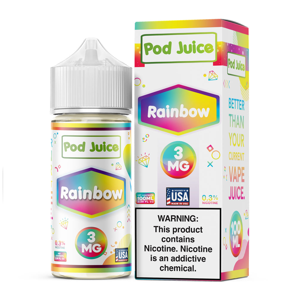 Pod Juice Rainbow 100ML e-liquid featuring apple, orange, grape, and strawberry fruit flavors.
