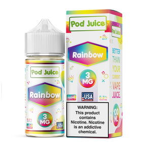Pod Juice Rainbow 100ML e-liquid featuring apple, orange, grape, and strawberry fruit flavors.