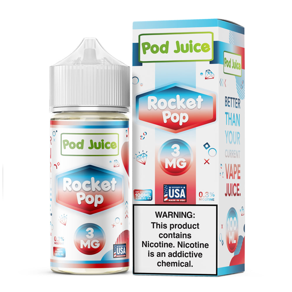 Pod Juice Rocket Pop 100ML e-liquid with blue raspberry, cherry, and lemon fruit flavor blend.