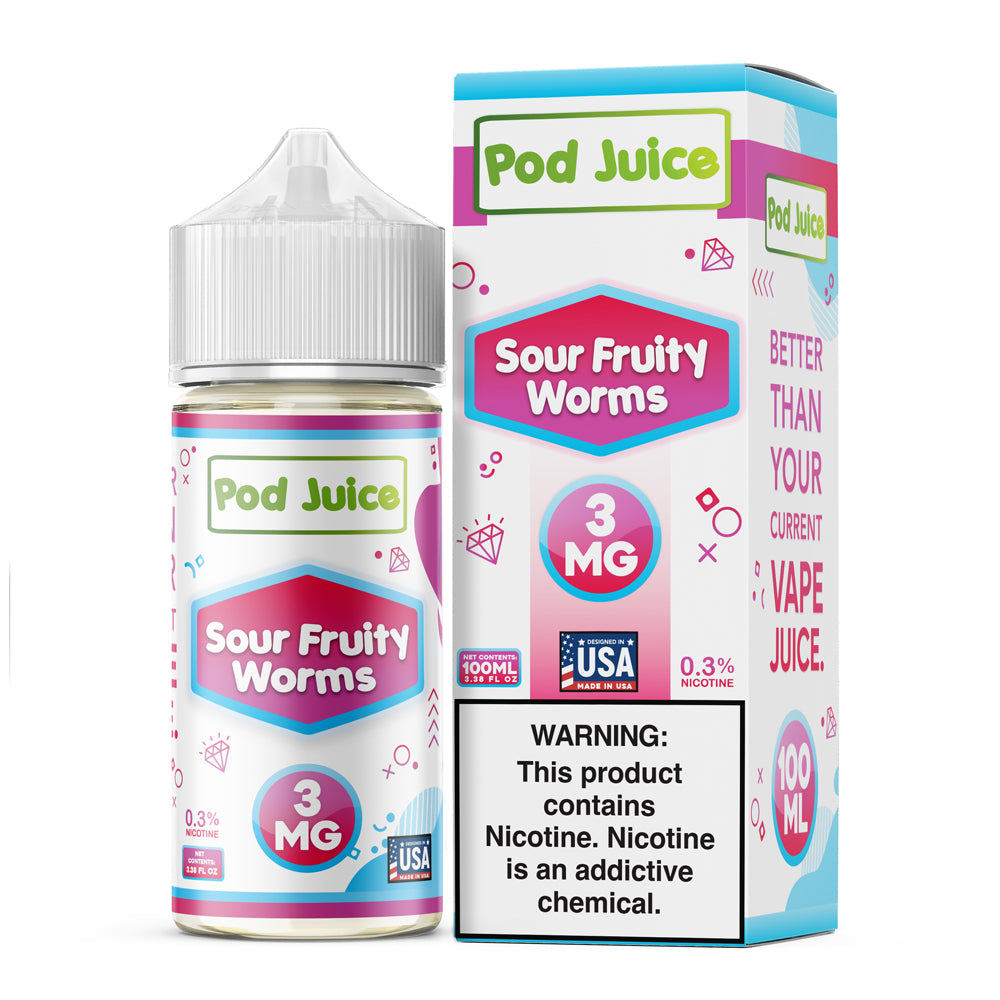 Pod Juice Sour Fruity Worms 100ML e-liquid with sweet and sour gummy worm candy flavor.