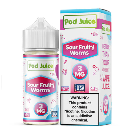 Pod Juice Sour Fruity Worms 100ML e-liquid with sweet and sour gummy worm candy flavor.