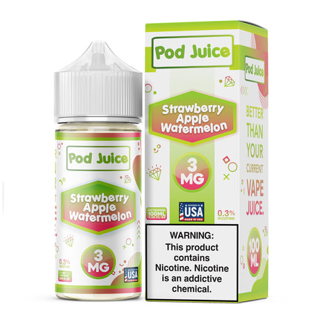 Pod Juice Strawberry Apple Watermelon 100ML e-liquid with strawberry, apple, and watermelon fruit flavor blend.