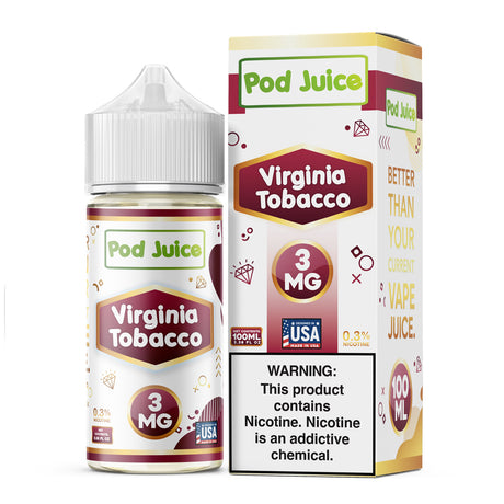 Pod Juice Virginia Tobacco 100ML e-liquid bottle with smooth tobacco and oaky flavor profile.