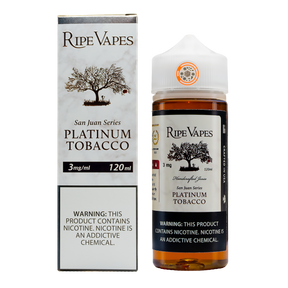 Ripe Vapes Platinum Tobacco San Juan Series 120ML e-liquid with tobacco, vanilla, and custard flavor profile.